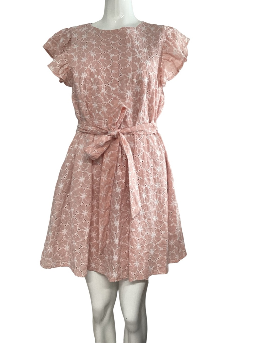 Aura Blush Pink Eyelet Flutter-Sleeve Dress with Tie Waist